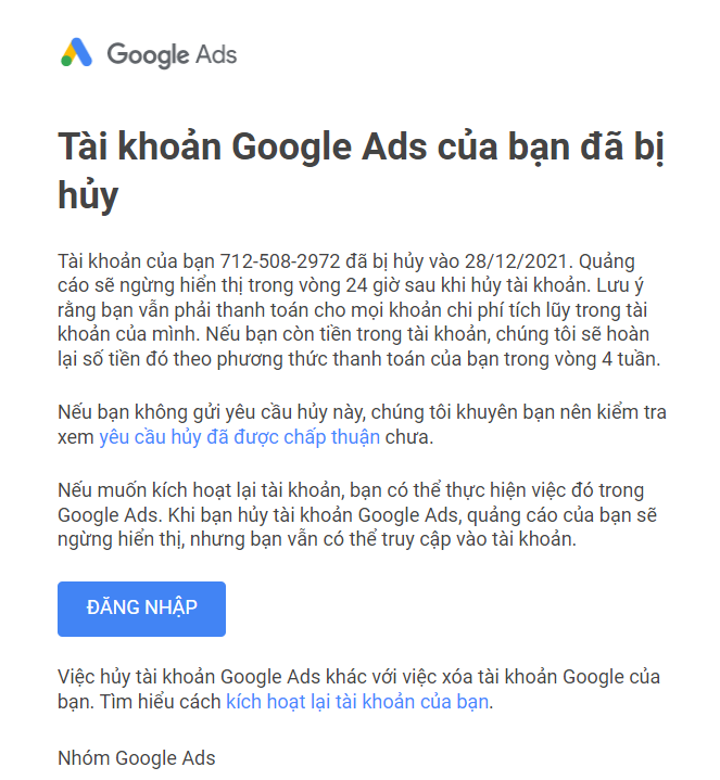 Thông báo tài khoản Google Ads bị hủy