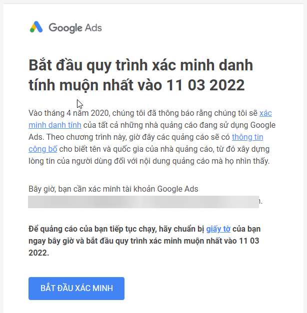 Yêu cầu xác minh danh tính từ Google Ads